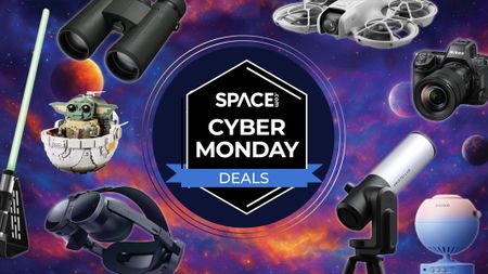 Telescopes, drones, binoculars, star projectors and more surround the space.com logo on a colorful sky background.