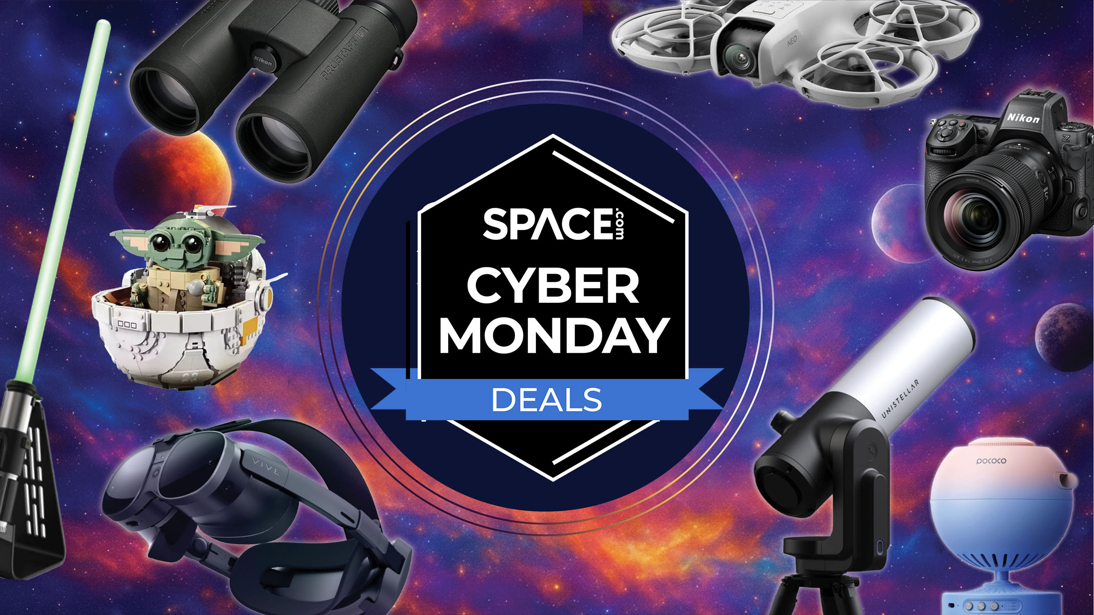 Telescopes, drones, binoculars, star projectors and more surround the space.com logo on a colorful sky background.