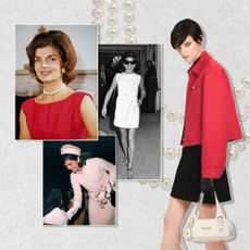 A graphic of Jackie Kennedy fashion trends featuring images of her wearing a leopard coat, red shift dress and peal necklace, pink skirt suit, and white shift dress with a model from Versace Resort 2025