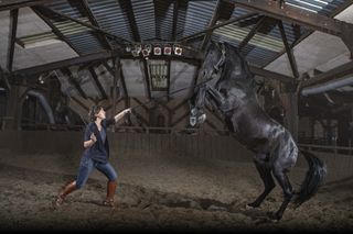 Horsemaster Camilla Naprous on Moses photographed at The Devilshorsemen stables in Mursley, Buckinghamshire.