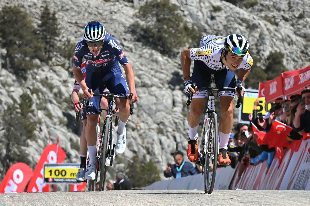 ELMALI TURKEY APRIL 15 Arrival Sprint Jose Manuel Diaz Gallego of Spain and Team DELKO Jay Vine of Australia and Team AlpecinFenix during the 56th Presidential Cycling Tour Of Turkey 2021 Stage 5 a 1603km stage from Kemer to Elmal Gbeli 1828m TUR2021 tourofturkeyTUR on April 15 2021 in Elmali Turkey Photo by Brian Hodes PoolGetty Images