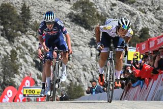 ELMALI TURKEY APRIL 15 Arrival Sprint Jose Manuel Diaz Gallego of Spain and Team DELKO Jay Vine of Australia and Team AlpecinFenix during the 56th Presidential Cycling Tour Of Turkey 2021 Stage 5 a 1603km stage from Kemer to Elmal Gbeli 1828m TUR2021 tourofturkeyTUR on April 15 2021 in Elmali Turkey Photo by Brian Hodes PoolGetty Images