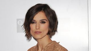 Keira Knightley on the red carpet with a cropped chopped bob haircut