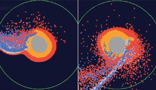 This snapshot from the team's simulation shows a giant impactor (blue) smashing into a magma-covered proto-Earth (red) about 4.5 billion years ago. As huge amounts of lava splashed into space, they formed a disc around Earth that eventually coalesced into the moon.