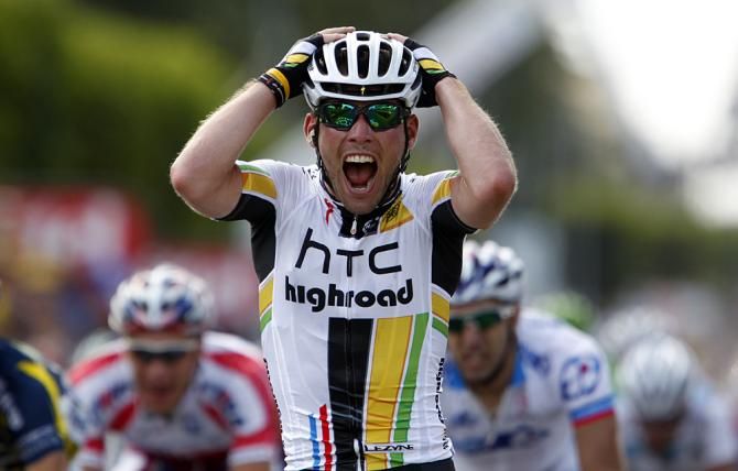 Ever enthusiastic, Mark Cavendish reacts to winning stage 7 of the Tour de France 2011