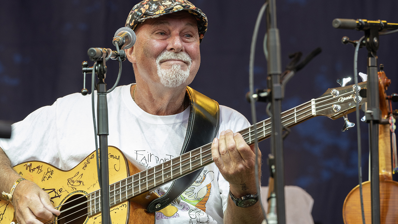 BANBURY, ENGLAND - AUGUST 08: Dave Pegg of Fairport Convention performs at Fairport's Cropredy Convention at Cropredy on August 08, 2024 in Banbury, England.  (Photo by Steve Thorne/Getty Images)