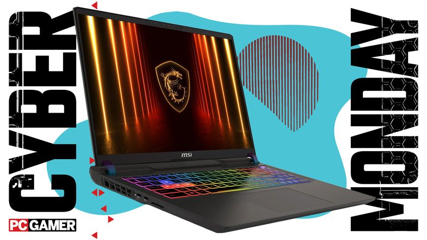 An MSI laptop on a blue Cyber Monday background.