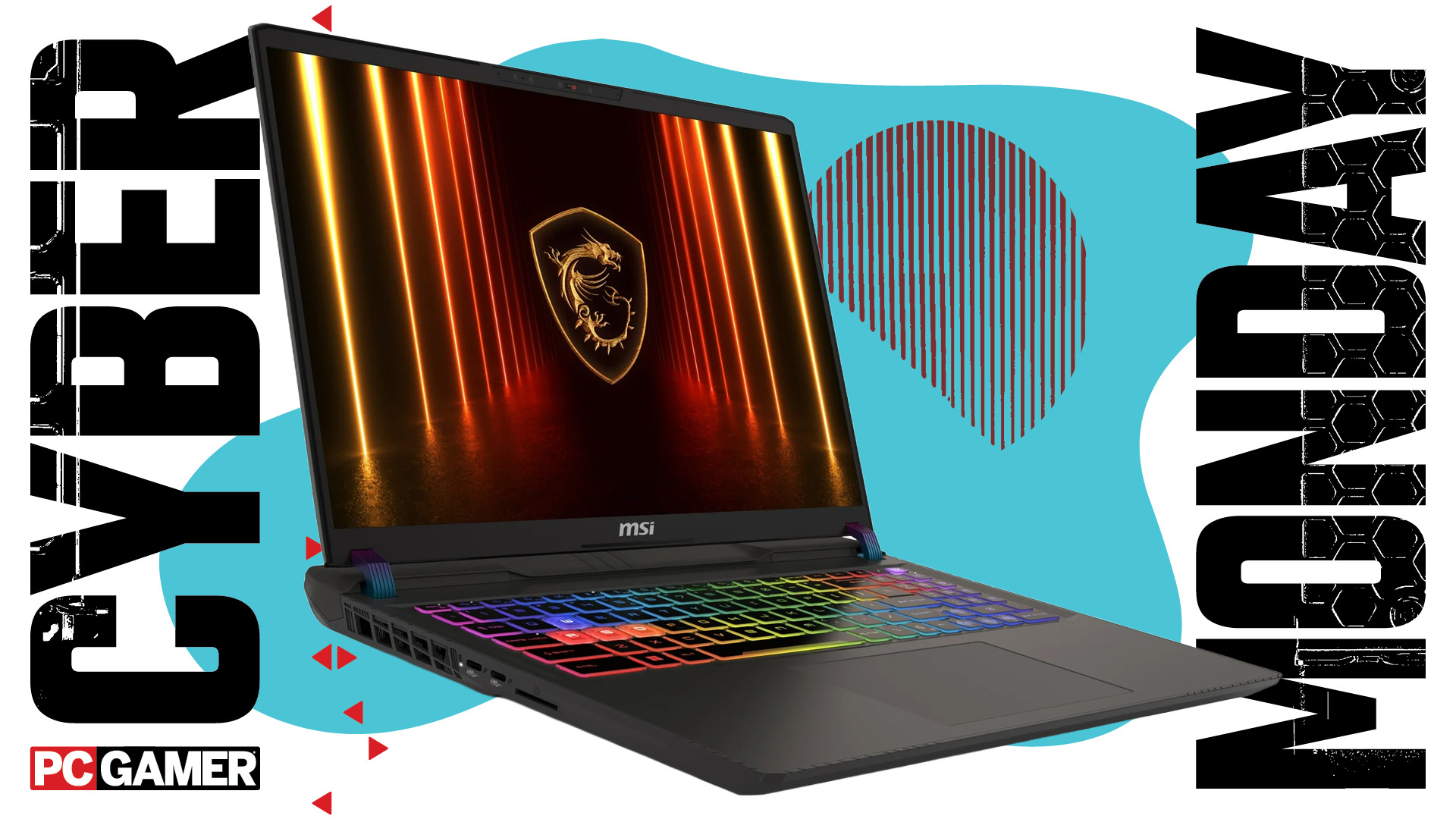 An MSI laptop on a blue Cyber Monday background.