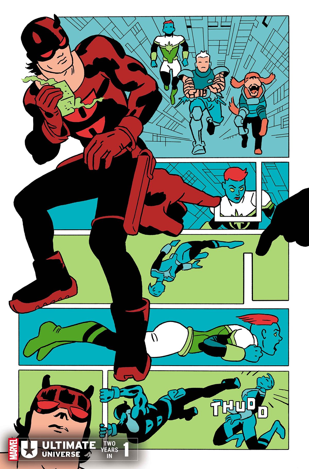 Ultimate Daredevil squaring off with the Ultimate Guardians of the Galaxy