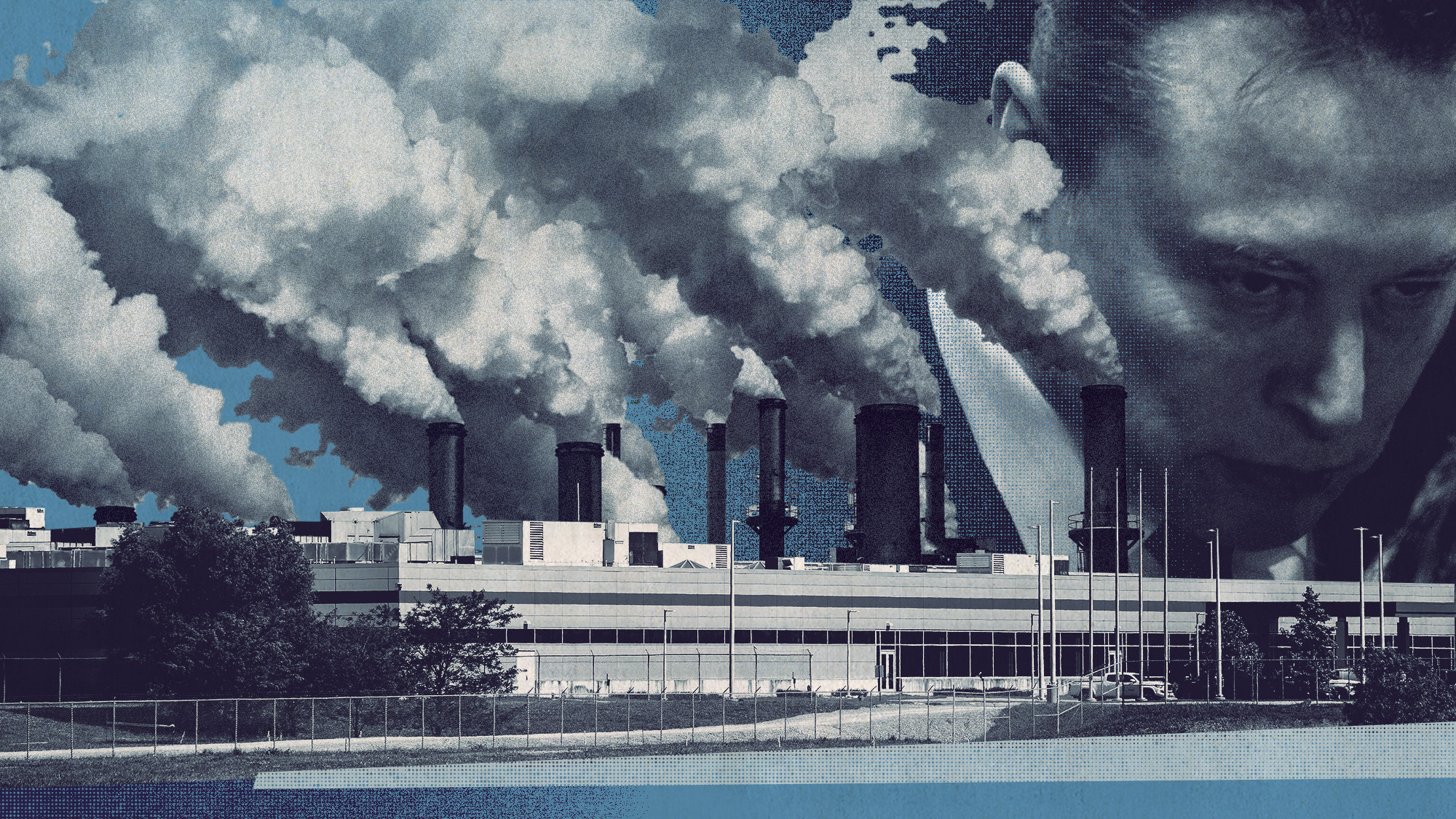 Photo collage of the xAI facility in Memphis, pollution clouds, and Elon Musk's face