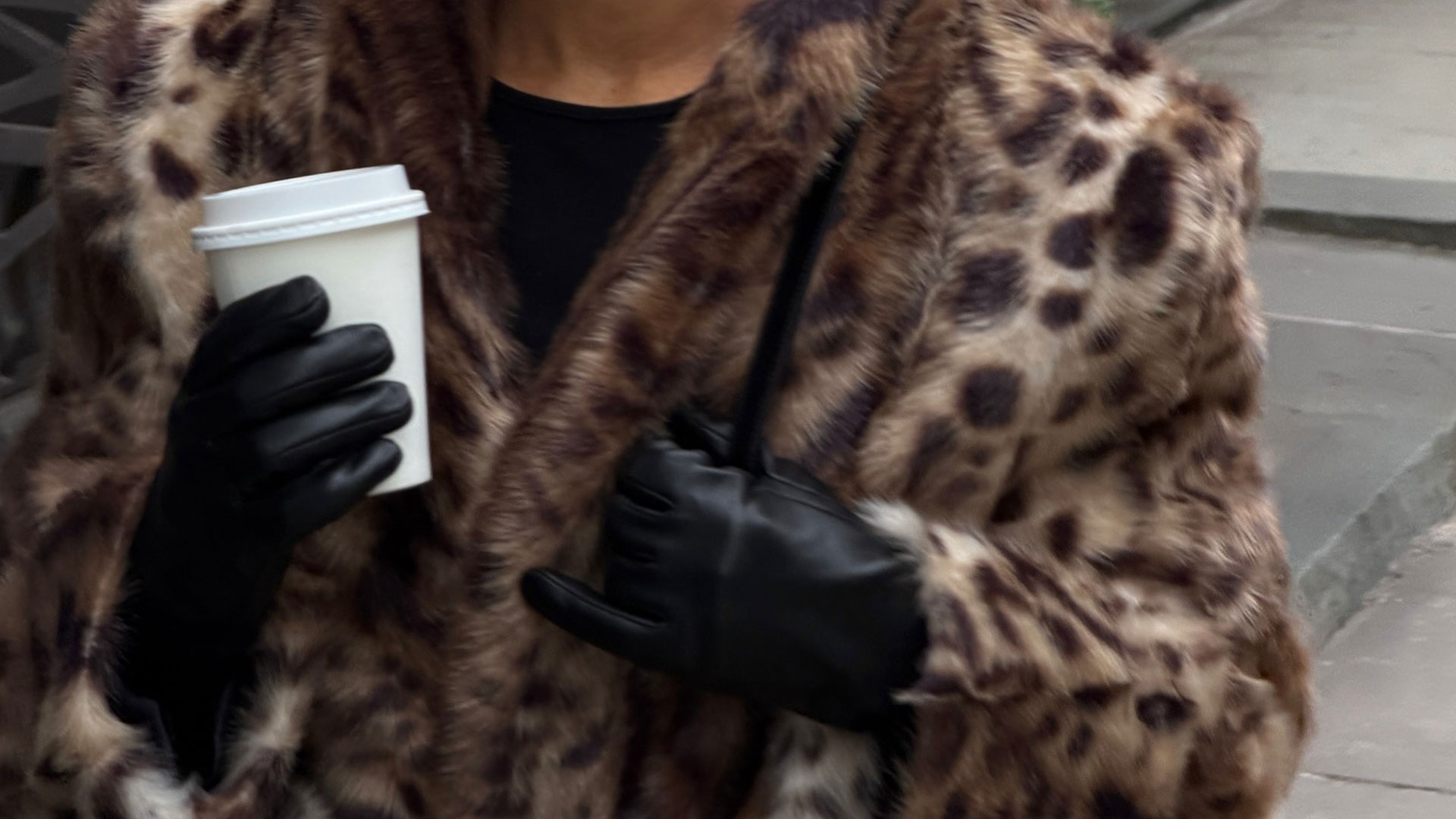 @aimeesong outfit closeup in leopard coat with black leather gloves