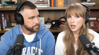 Travis Kelce and Taylor Swift sitting next to each other on New Heights podcast on August 13, 2025