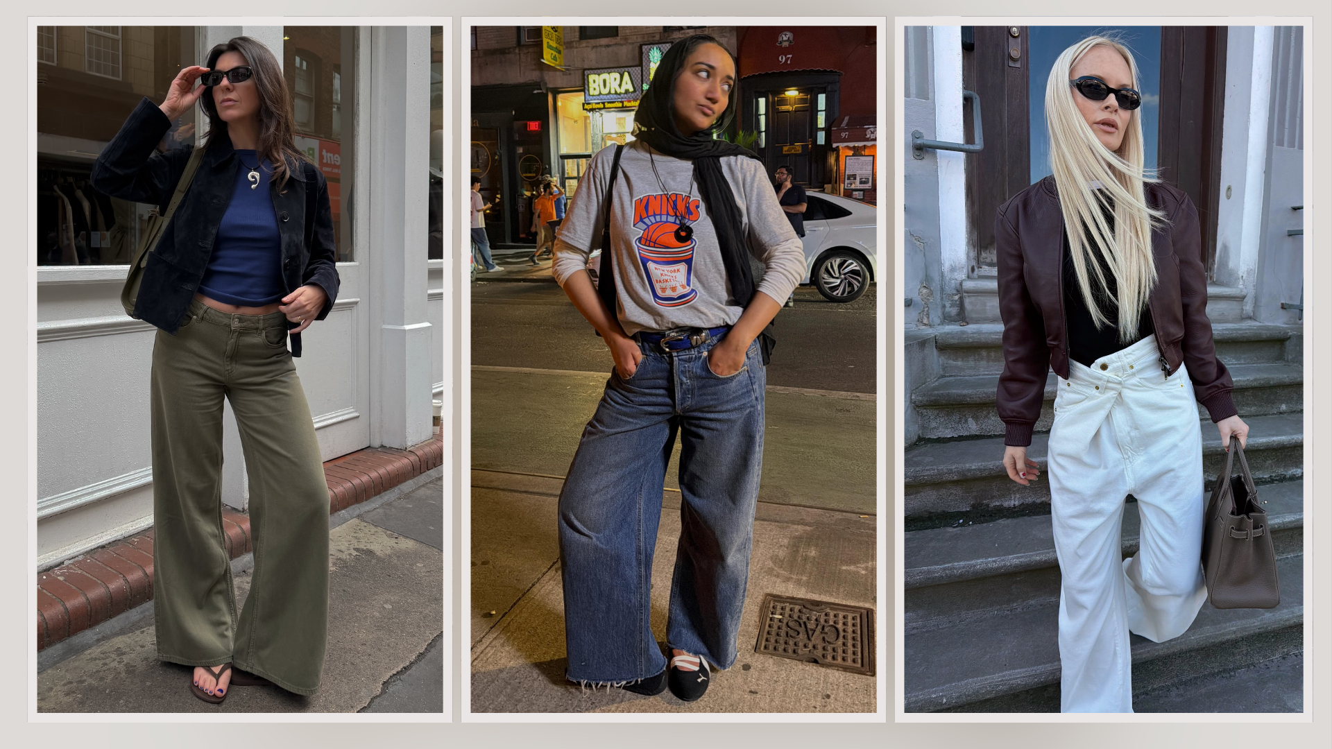 Influencers Francesca Saffari, Thora Valdimars and Yusra Siddiqui wearing transitional outfits. 