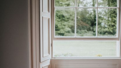 A glass pane window open slightly, with open white wood shutters to the side