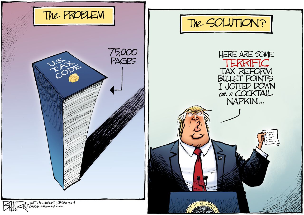 Political Cartoon U.S. President Trump tax code reform solution brackets