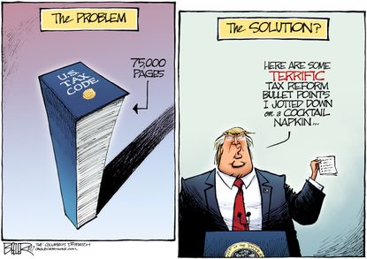 Political Cartoon U.S. President Trump tax code reform solution brackets