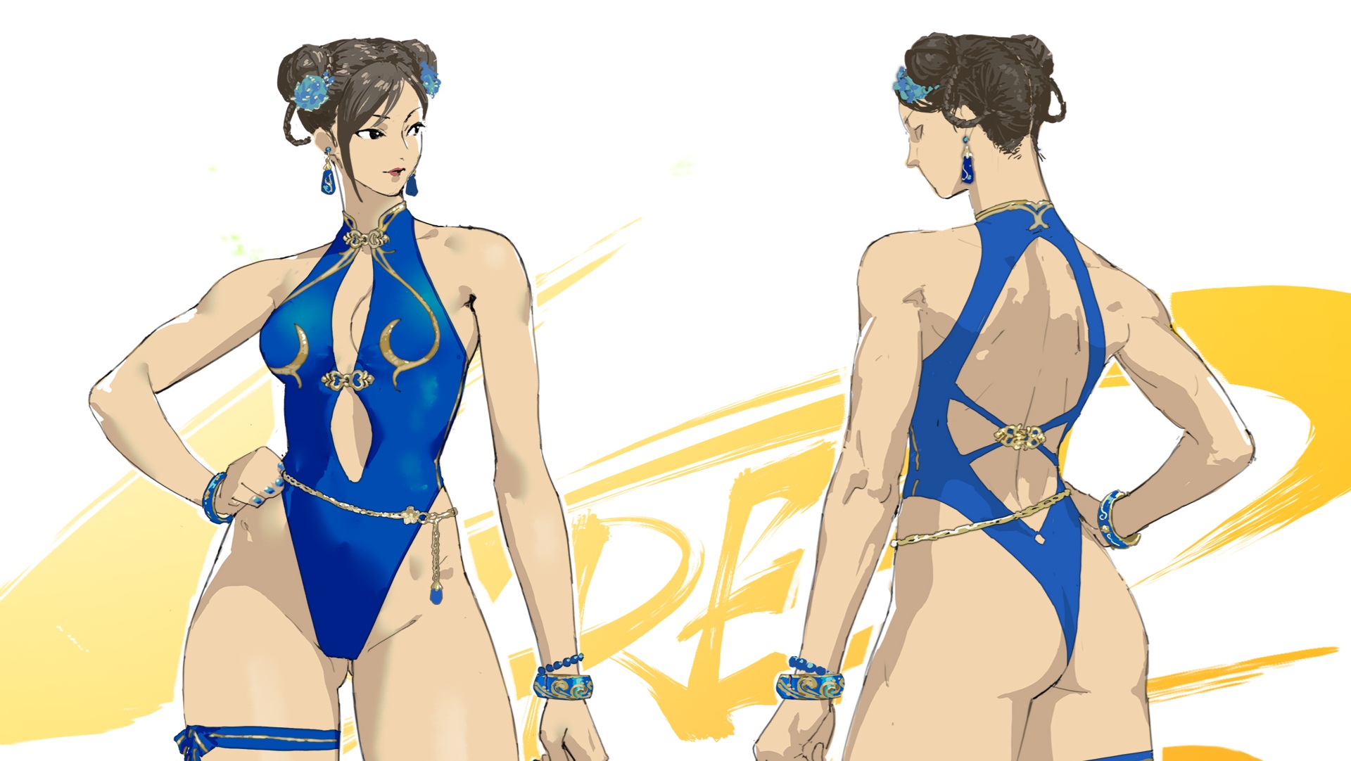 a close-up of Chun-Li wearing a swimsuit, front and back
