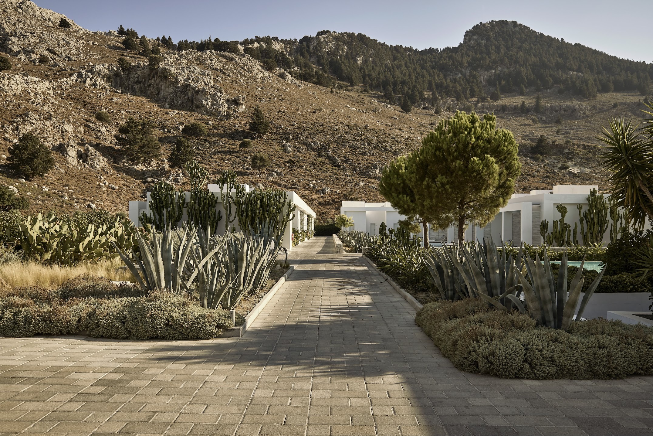 A dramatic mountain range stands as the backdrop to a series of minimalist, white Greek holiday homes dotted in Mediterranean flora.