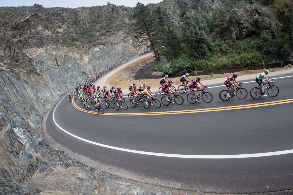 The peloton passes through Rist Canyon