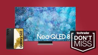 A Samsung Neo QLED TV and a Galaxy S22 smartphone next to each other on a red background.