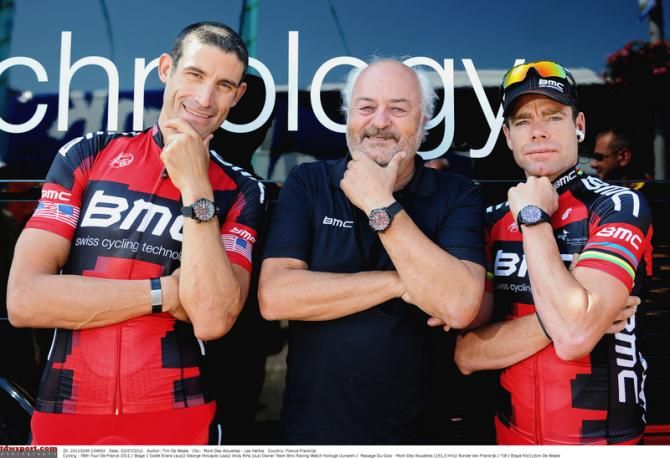 George Hincapie, Andy Rhis and Cadel Evans pose for photos on stage 1 of the 2011 Tour