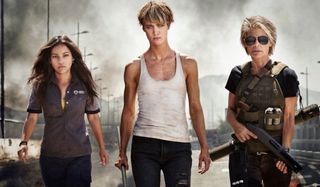 Terminator: Dark Fate Dani Ramos, Grace Harper, and Sarah Connor walking towards the camera