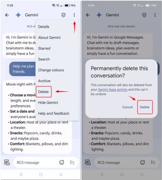 how to remove your activity from gemini - deleting gemini chats in google messages