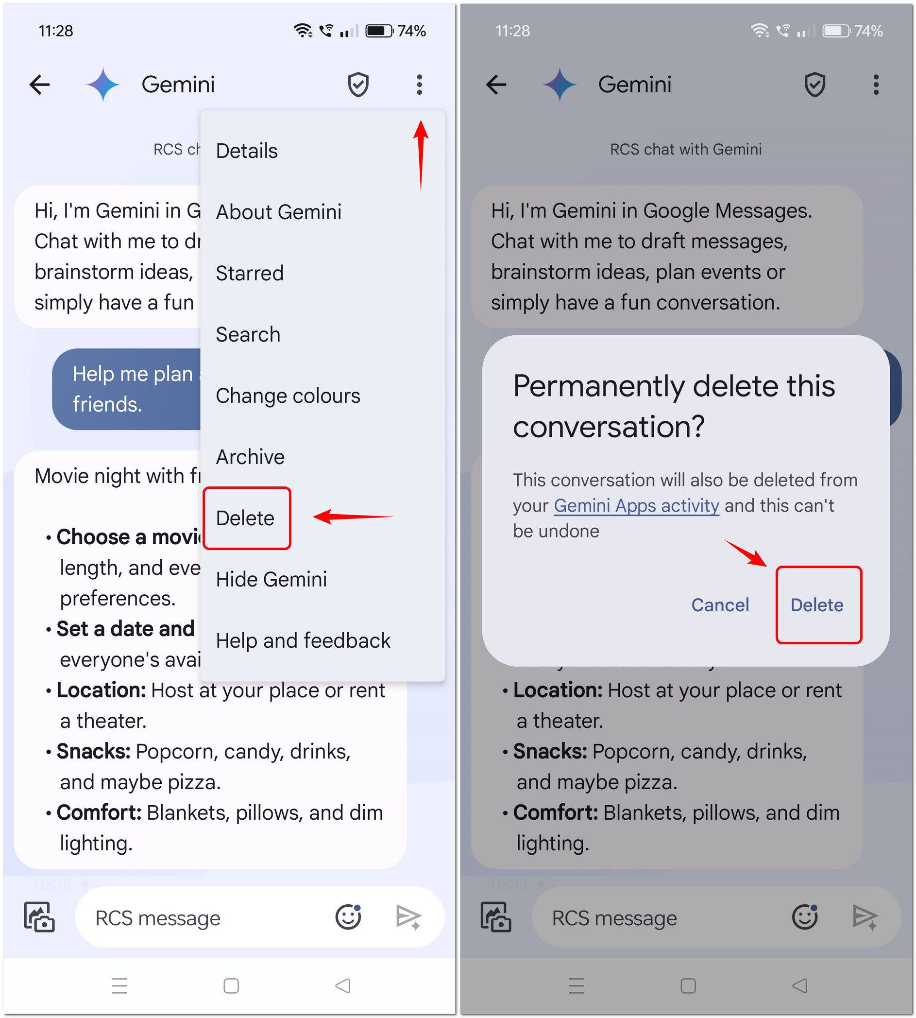 how to remove your activity from gemini - deleting gemini chats in google messages