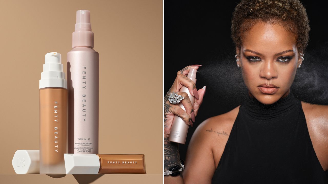 a collage of Rihanna using her setting spray and the new products