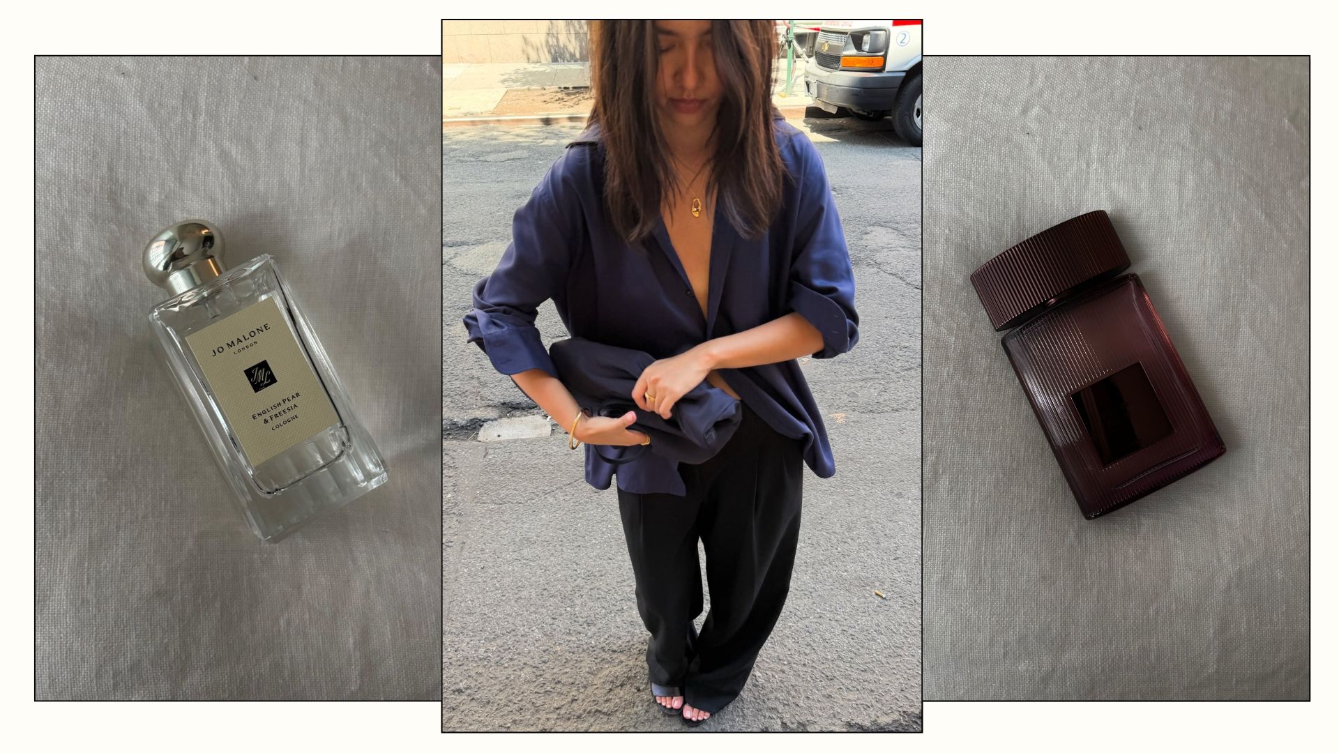 A woman wearing a chic navy silk shirt and a picture of two patchouli perfumes on a white linen background