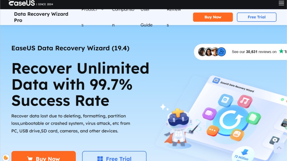 EaseUS Data Recovery Wizard website screenshot (July 2025).