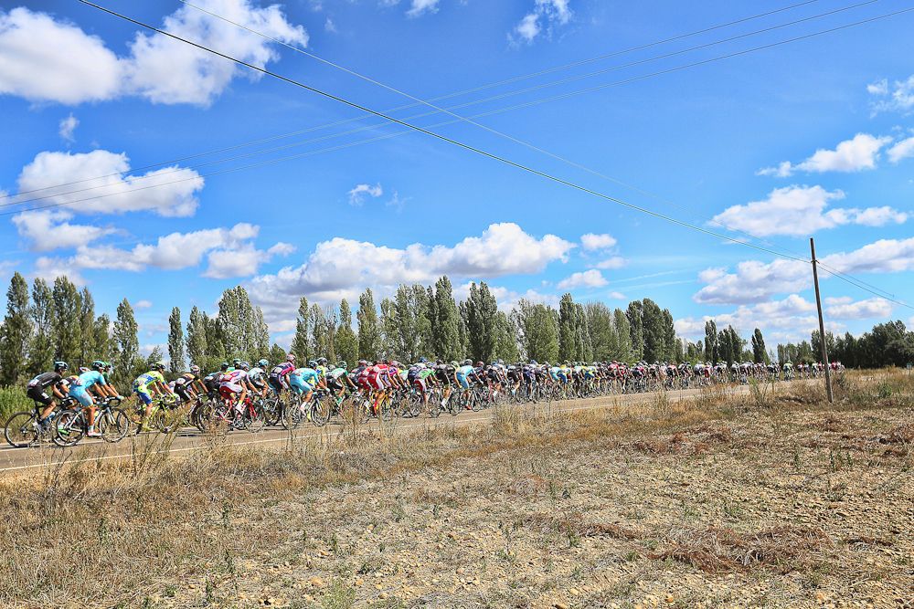 The peloton rolls through the countryside during stage 18