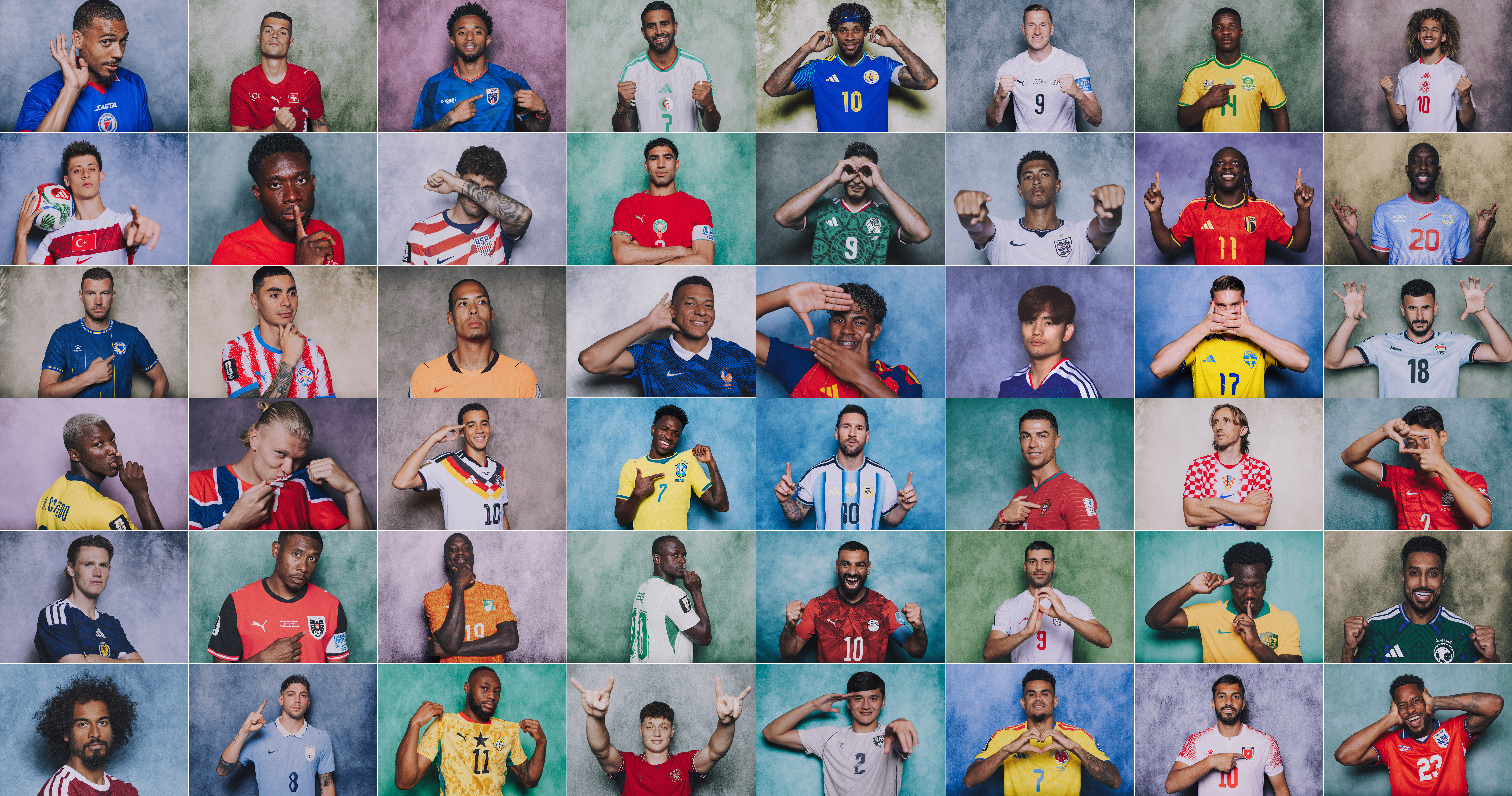 In this composite image players from all 48 competing teams pose from the 2026 FIFA World Cup portrait sessions in the USA, Mexico and Canada. (Photo by FIFA/FIFA via Getty Images)