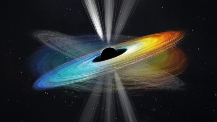 An artist&#039;s illustration of the black hole M87* wobbling on its axis.