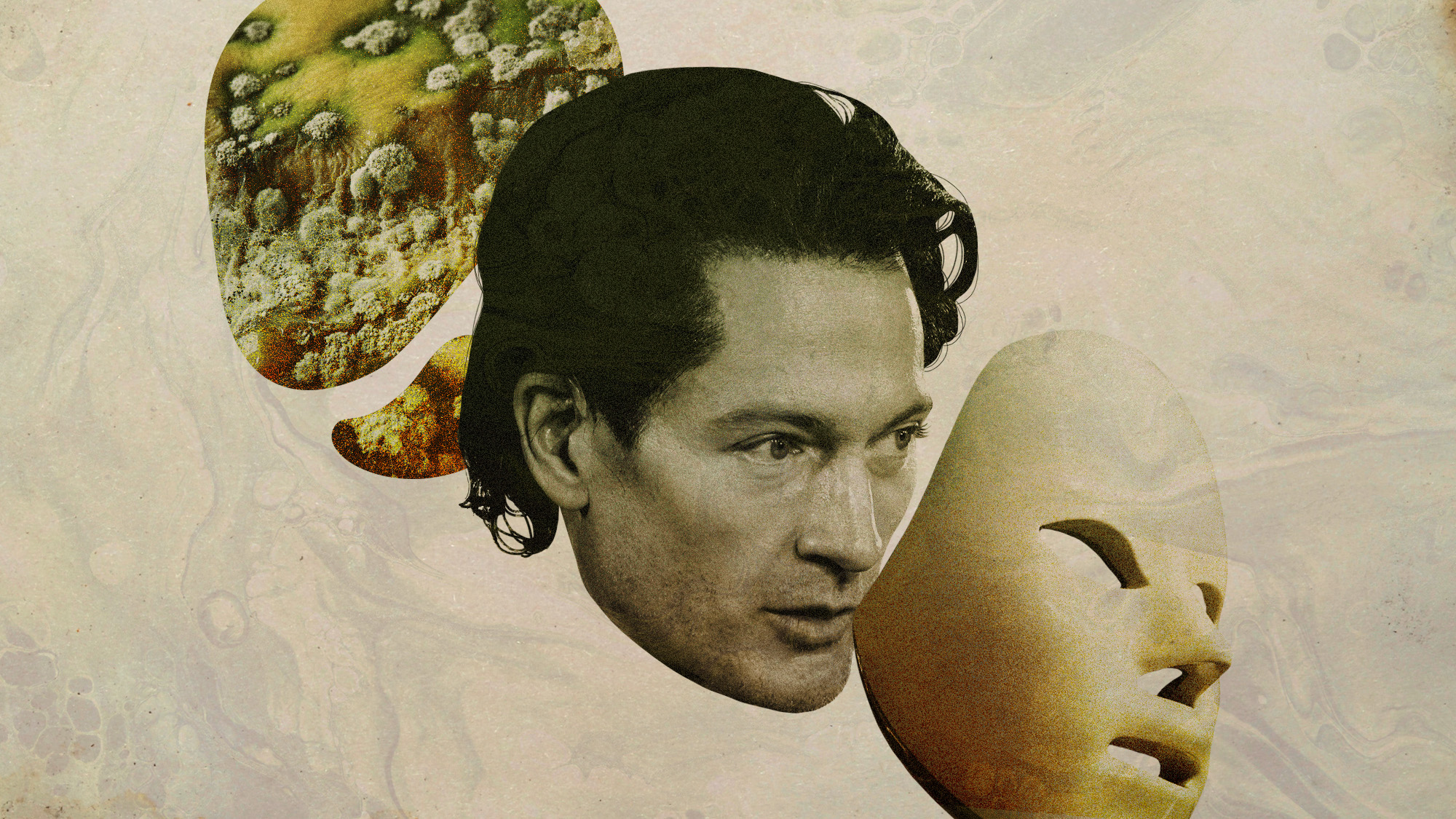 Photo collage of mould, Bryan Johnston, and a red light therapy mask