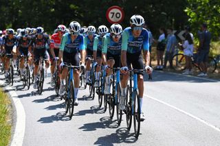 ESTACION DE MONTANA DE MANZANEDA OURENSE SPAIN AUGUST 29 Bruno Armirail of France and Team Decathlon AG2R La Mondiale leads the peloton during the La Vuelta 79th Tour of Spain 2024 Day 12 a 1375km stage from Ourense Termal to Estacion de Montana de Manzaneda 1491m UCIWT on August 29 2024 in Estacion de Montana de Manzaneda Spain Photo by Tim de WaeleGetty Images