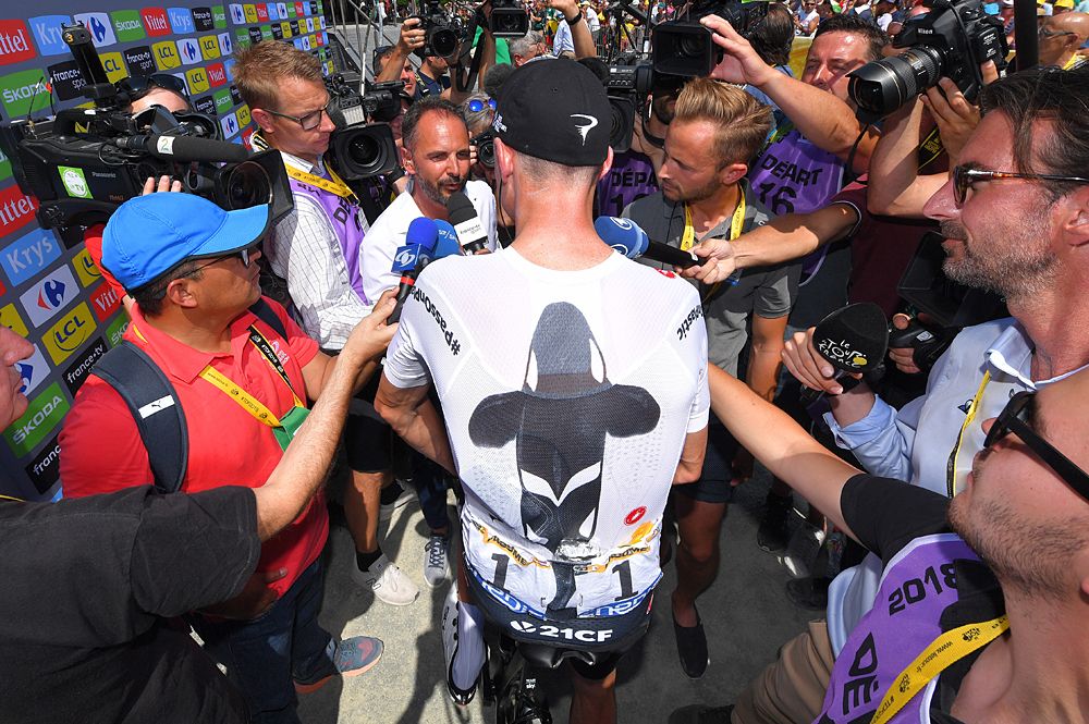 Chris Froome (Team Sky) speaks to the press at the start of stage 2 of the Tour de France