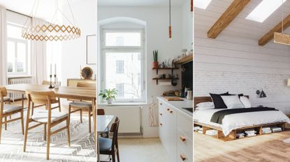 a collage image showing three different areas of the home after a deep clean - a Scandi-inspired dining room, a bright white kitchen, and a Scandi-style bedroom with ceiling beams