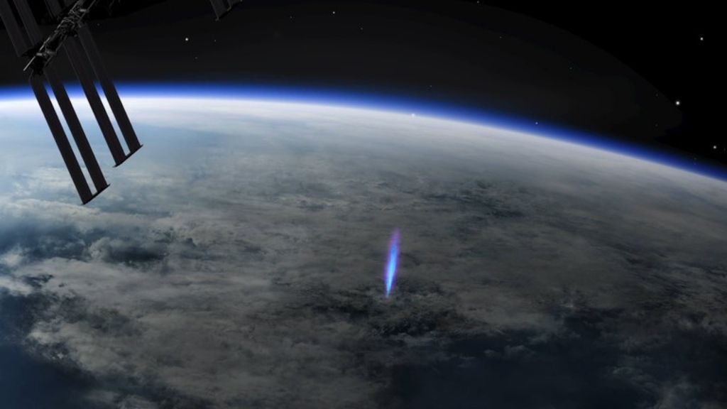 An illustration of a blue jet observed from the ISS