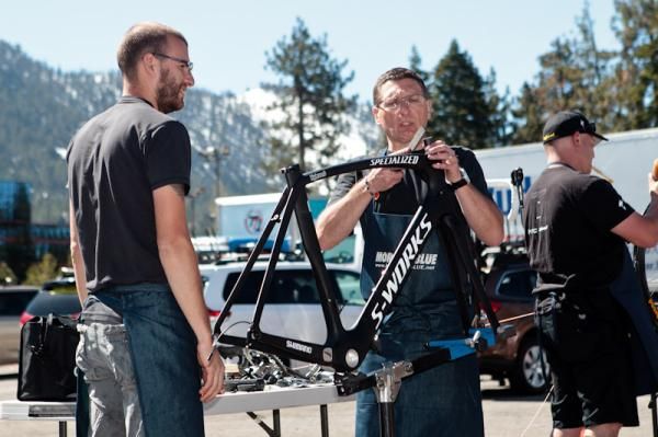 HTC-Highroad mechanics building up some last minute bikes.
