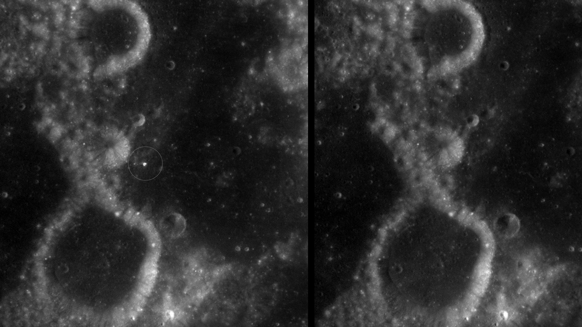 Black and white images of circular craters on the moon.