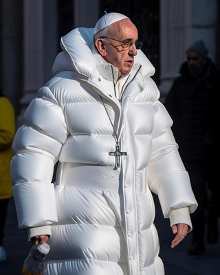 An AI generated image of the pope wearing a puffer jacket
