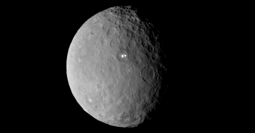 The dwarf planet Ceres is the largest object in the asteroid belt between Mars and Jupiter. It contains water and organic molecules.