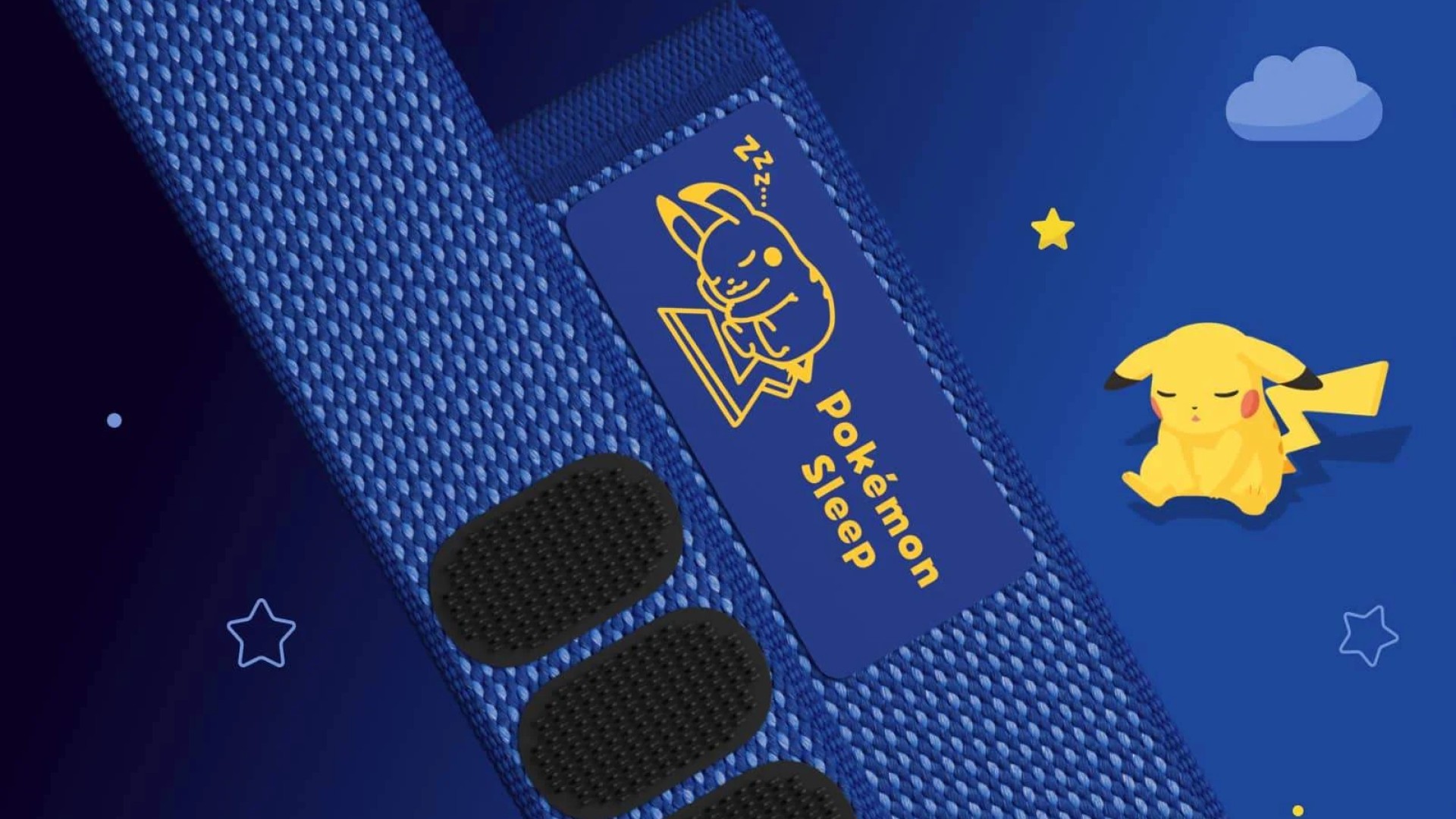 Close up on strap of Pokemon Sleep special edition Fitbit Air with Pikachu in the background