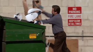 A meme from Parks & Rec modified to show a PlayStation VR2 being thrown into a dumpster