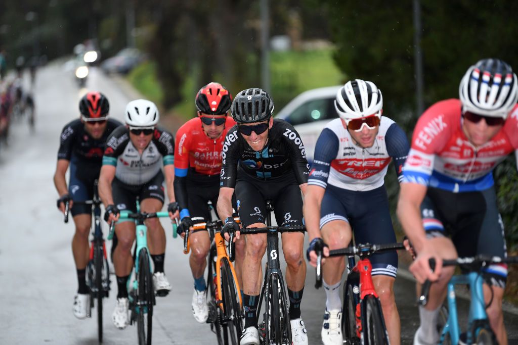 CASTELFIDARDO ITALY MARCH 14 Pello Bilbao Lopez De Armentia of Spain and Team Bahrain Victorious Romain Bardet of France and Team DSM during the 56th TirrenoAdriatico 2021 Stage 5 a 205km stage from Castellalto to Castelfidardo 175m Breakaway Rain TirrenoAdriatico on March 14 2021 in Castelfidardo Italy Photo by Tim de WaeleGetty Images