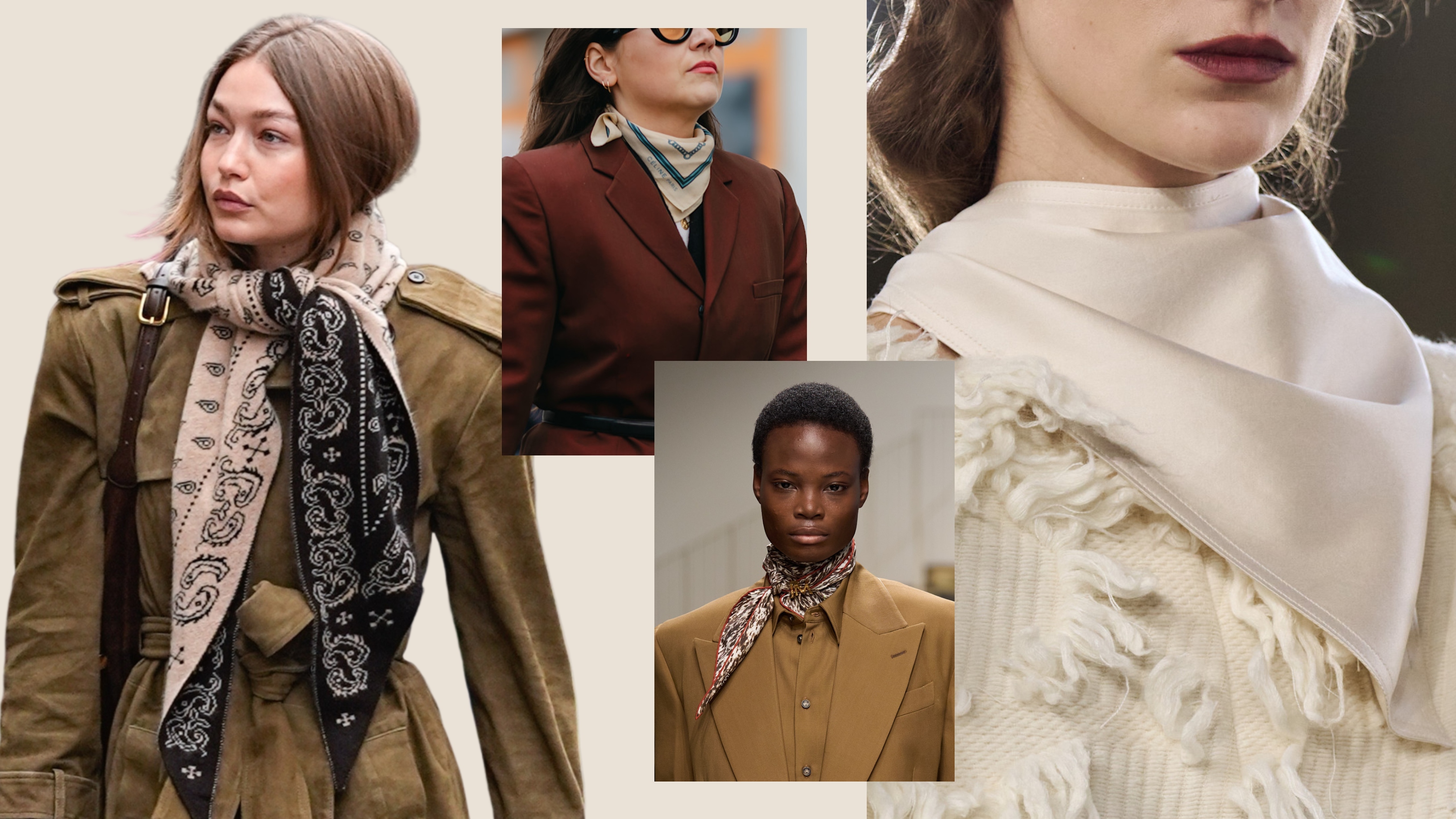 Gigi Hadid wearing a bandana scarf; models on the Fall 2026 runways of Zankov and Carven wearing bandanas; a street styler wearing a bandana 
