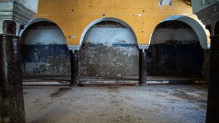 Remains of what could be a 14th century synagogue are pictured in Utrera, Sevilla province, on March 18, 2021. - A technical team will begin the first phase of an archaeological work to confirm if the remains found in a former bar, previously used as a school and a hospital, originally was a 14th century synagogue that would be the second largest and most important Jewish medieval temple in Spain.