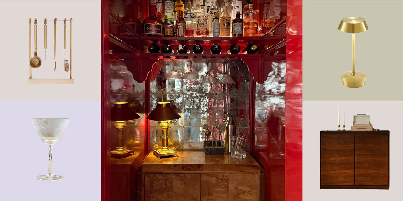 closet speakeasy with red walls, burl cabinet and mirrored wall 