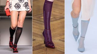 Three models wearing tights and shoes on the catwalk illustrating shoe trends 2024